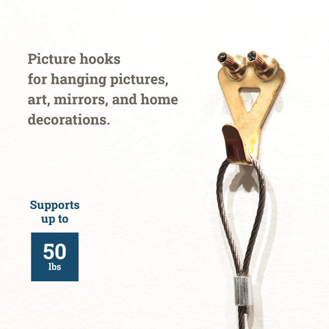 Close-up of Heavy Duty Picture Hangers With Nails, 50 Lb Wall Hooks For Drywall And Plaster, Pack Of 20, showing brass hook.