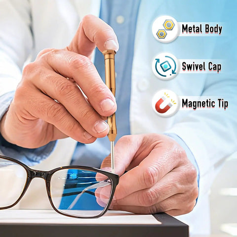 Using Magnetic Mini Screwdriver Set Six Piece Precision Kit for glasses repair, showing metal body, swivel cap, magnetic tip features.