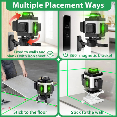 Green Laser Level Pro Grade Kit With Tripod And Accessories, 16 Line 360 Self Leveling Laser System showing multiple placement ways.