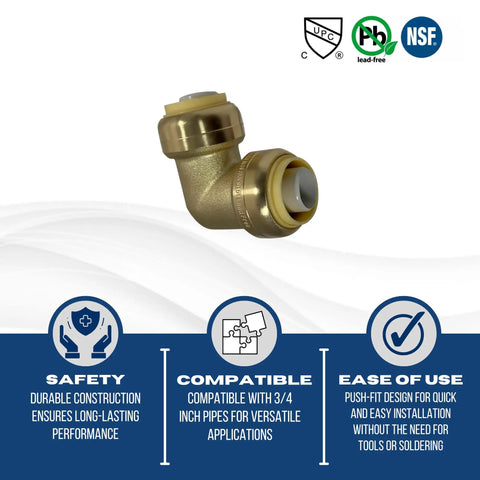 Three Quarter Inch Push Fit Elbow Set For Copper CPVC And PEX Pipes, Lead Free Brass Body, Corrosion Resistant, 10 Piece Set