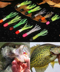 Go To Crappie Jig Kit With Tube Baits 120 Pcs Soft Plastic Crappie Lures In 12 Colors And 10 Jig Heads For Panfish And Trout Fishing In Any Conditions, showing colorful lures and caught fish.