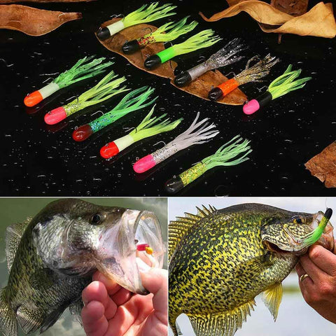 Go To Crappie Jig Kit With Tube Baits 120 Pcs Soft Plastic Crappie Lures In 12 Colors And 10 Jig Heads For Panfish And Trout Fishing In Any Conditions, showing colorful lures and caught fish.