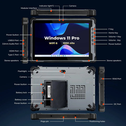 Built Like A Tank Rugged Tablet Running Windows 11 Pro With 10.1 Inch 1000 Nit Sunlit Screen WiFi 6 Intel N5100 8Gb 128Gb 4G Lte Gps Ip65 Rated Beast Mode Computer For Rough Field Jobs That Never Quit showing ports and features.