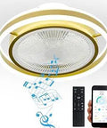 Bladeless Ceiling Fan With Light And Bluetooth Speaker, 3 In 1 Design, shown with remote and app control, gold finish