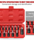 13 Piece Torx Bit Socket Set For 1/4 Inch, 3/8 Inch, And 1/2 Inch Drives T8 To T60 in red case with CR-V sockets visible.