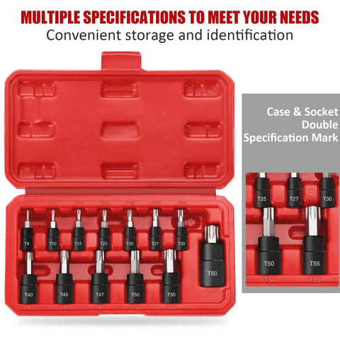13 Piece Torx Bit Socket Set For 1/4 Inch, 3/8 Inch, And 1/2 Inch Drives T8 To T60 in red case with CR-V sockets visible.