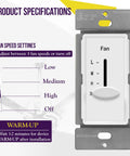 3 Speed In Wall Ceiling Fan Control with Slider Switch, white, 120V AC, 2.5A, decorator style, for residential or commercial use.
