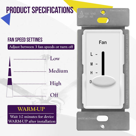 3 Speed In Wall Ceiling Fan Control with Slider Switch, white, 120V AC, 2.5A, decorator style, for residential or commercial use.