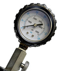 Scuba diving pressure gauge with black protective bezel, showing 0–5000 psi / 350 bar and metal valve connector.