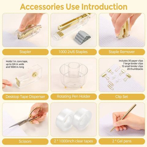 Gold Desk Organizer Set For Women With Rotating Pen Holder, Stapler, Staple Remover, Tape Dispenser, Scissors, and Clips