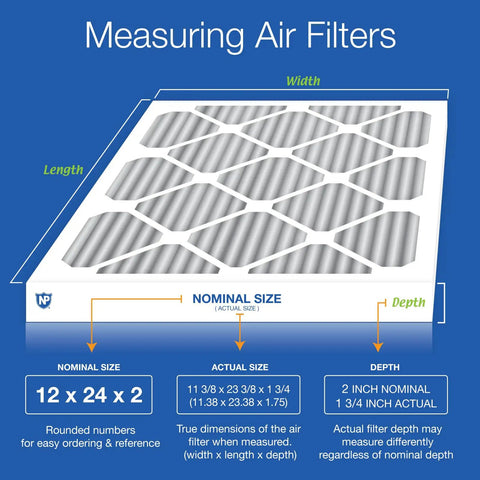Diagram showing MERV 12 Pleated Furnace Air Filter With Activated Carbon Odor Control, 12 x 24 x 2 Inches, dimensions and sizing.
