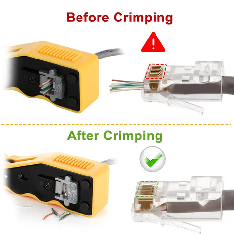 RJ45 Pass Through Ethernet Crimp Tool Kit All In One Pro Grade Set With 20 Cat6 Pass Through Connectors And 20 Covers crimping example.
