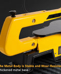 Close-up of Slick 16 Inch Scroll Saw For Woodworking, showcasing stable yellow metal body and thickened cast iron base.