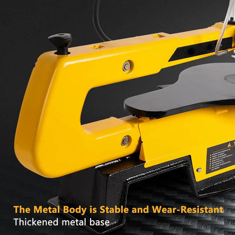 Close-up of Slick 16 Inch Scroll Saw For Woodworking, showcasing stable yellow metal body and thickened cast iron base.