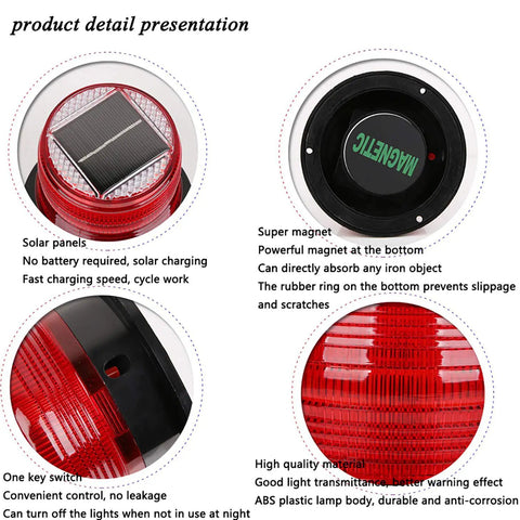 Solar Strobe Warning Light With Strong Magnetic Base Waterproof Outdoor Beacon detail with solar panel and magnet base.