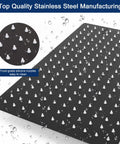 Close-up of Square Ceiling Mount Rain Shower Head 16 Inch Matte Black showing stainless steel and silicone nozzles.