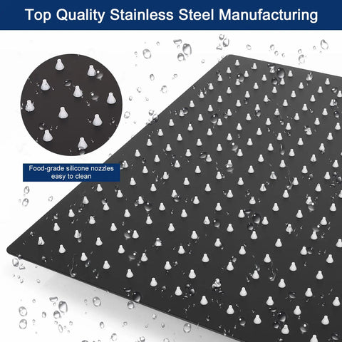Close-up of Square Ceiling Mount Rain Shower Head 16 Inch Matte Black showing stainless steel and silicone nozzles.
