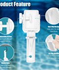 Features of Clip On Pool Tablet Holder For 3 Inch Chlorine Tablets No Fuss Telescoping Pole Attachment, showing adjustable screw and non-slip design.