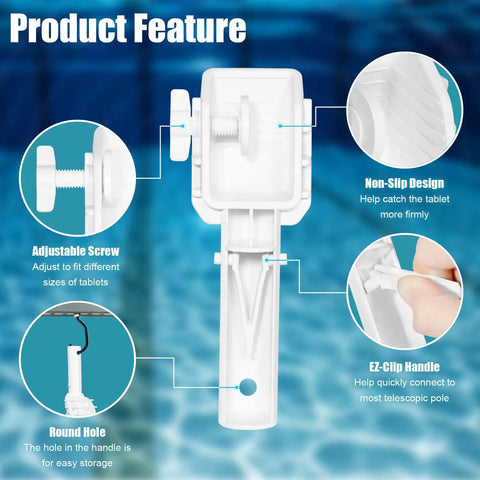 Features of Clip On Pool Tablet Holder For 3 Inch Chlorine Tablets No Fuss Telescoping Pole Attachment, showing adjustable screw and non-slip design.