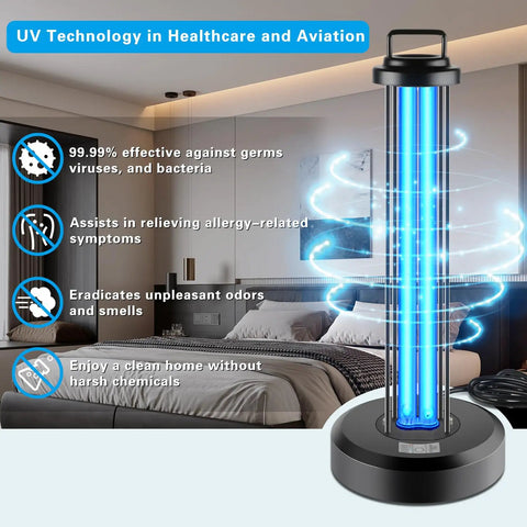 38W UV Light Sanitizer With Remote For Home Office School And Hotel in a bedroom setting