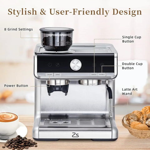 Straight Up Professional Espresso Machine With Built In Grinder And Pid Temp Control To Pour Legit Crema and Swift Shots Using 58Mm Portafilter Plus Hot Steam Wand For Silky Foam On Any Counter, showcasing user-friendly design.