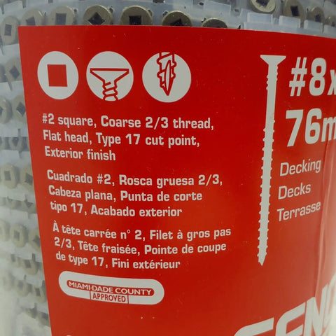 Close-up of Workhorse Heavy Duty No 8 3 Inch Deck Screws Galvanized Steel packaging showing features and approvals.
