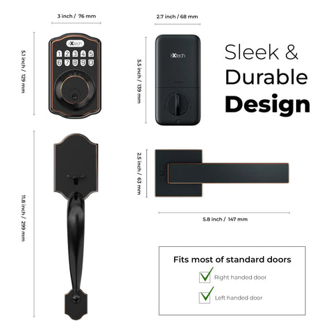 Diagram showcasing dimensions of Keyless Door Lock With Handle In Oil Rubbed Bronze 6 Codes For Quick Access
