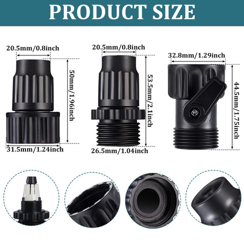 Image showing dimensions of Garden Expandable Hose Repair Kit With Faucet Adapters And Connectors 4 Sets Includes Shut Off Valves And 8 Rubber Gaskets For Three Quarter Inch Hoses Easy Plug And Play DIY Fix Leak Proof Hose System