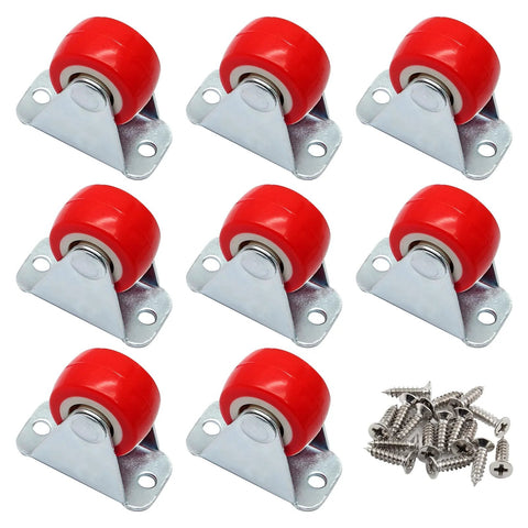 Rigid red 1-inch caster wheels with metal mounting plates and screws (9 pcs)