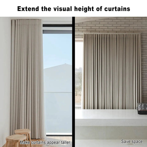 Heavy Duty Ripplefold Snap Track With Tape Set for Silent, Smooth Curtain Runs, Aluminum Rail, Fits 3.3ft to 19.7ft Lengths, Blackout Curtains Compatible, Ideal for Office or Home, White Finish, Durable Rail System installed above beige ripplefold curtains