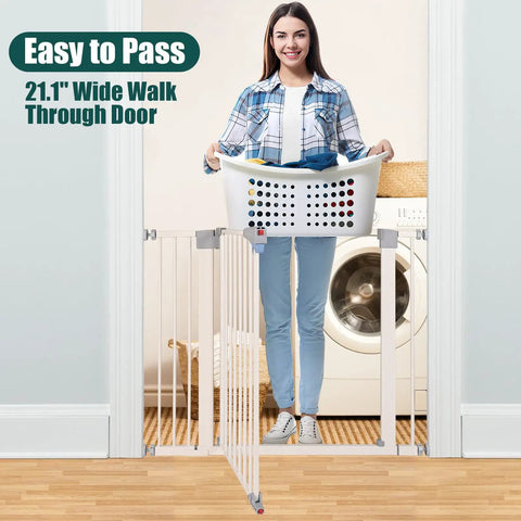 Woman carrying laundry through the adjustable baby gate for stairs and doorways width 30 to 40.5 inches height 30 inches easy pressure mounted install auto close walk through 21.1 inch opening ideal for pets and kids grey.