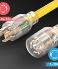 Close-up of Heavy Duty 30 Amp Generator Extension Cord L14 30P L14 30R 125 250V 7500W 10 AWG SJTW With Lighted Power Indicator