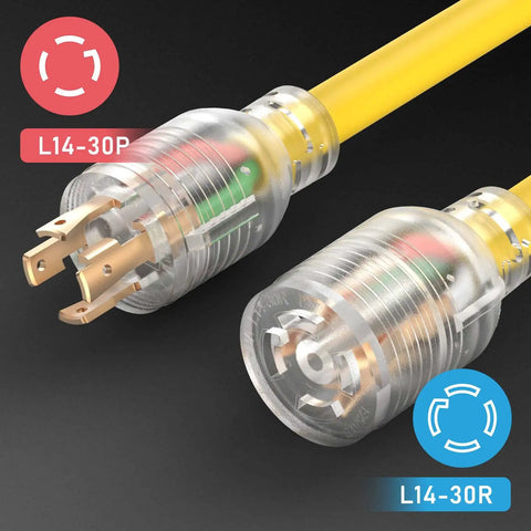 Close-up of Heavy Duty 30 Amp Generator Extension Cord L14 30P L14 30R 125 250V 7500W 10 AWG SJTW With Lighted Power Indicator