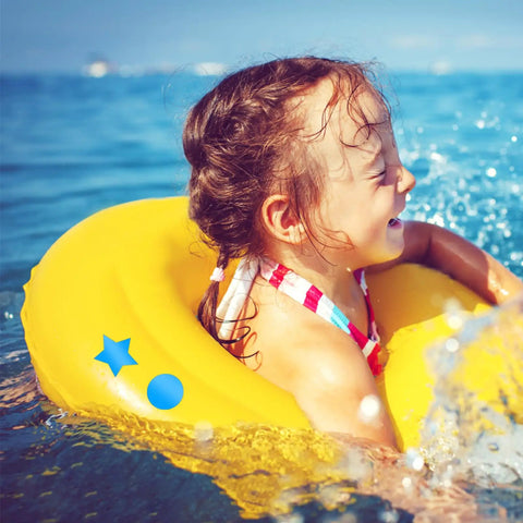 Child playing in water with inflatable ring, showcasing pool fun and safety, related to Blue Rectangle Patch Vinyl Liner Repair Kit For Above Ground Pools 49 By 34 Inch With Heavy Duty Adhesive Patches For Quick Leak Repair And Long Lasting Seal On Pool Liners.