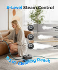 Heavy Duty Handheld Steam Cleaner For Home And Auto, No Fuss Design With Snappy 15 Second Heat Up, Roomy 1600ml Tank in use with 3-level steam control.