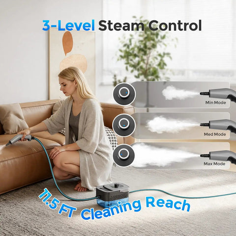 Heavy Duty Handheld Steam Cleaner For Home And Auto, No Fuss Design With Snappy 15 Second Heat Up, Roomy 1600ml Tank in use with 3-level steam control.