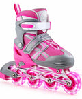 Adjustable Inline Skates For Girls With Illuminating Front Wheels Built For Cool Easy Learning Ride Comfortable And Durable Rollerblades For Beginners And Intermediate Riders, featuring pink and gray design with LED wheels