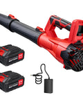 650 CFM Beast Mode Cordless Leaf Blower With 21V Battery Pack Two 2.6Ah Batteries And Charger displayed on white background