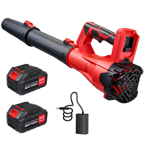 650 CFM Beast Mode Cordless Leaf Blower With 21V Battery Pack Two 2.6Ah Batteries And Charger displayed on white background