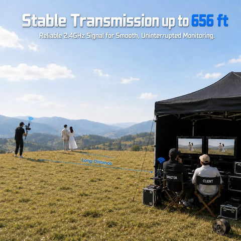 Wireless Hd Video Transmitter And Receiver System Featuring Fanless Silent Recording For Smooth Vlogging Interviews And Live Events Delivers No Sweat Setup With Big Gig Image Clarity, outdoor setup with crew and monitors.