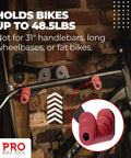Sturdy Steel Wall Mounted Bike Rack For Garage Storage Holds One Bike Securely With Adjustable Arm Angles And Ratchet Gear Hanger, Easy To Install With Included Screws, Fits Road Mountain And Hybrid Bikes, Keeps Your Ride Off The Floor, showing bike mounted on rack.
