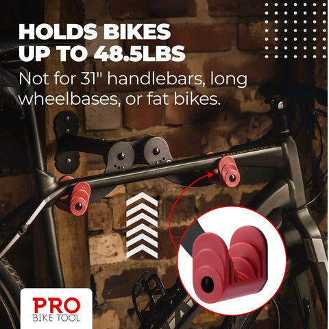 Sturdy Steel Wall Mounted Bike Rack For Garage Storage Holds One Bike Securely With Adjustable Arm Angles And Ratchet Gear Hanger, Easy To Install With Included Screws, Fits Road Mountain And Hybrid Bikes, Keeps Your Ride Off The Floor, showing bike mounted on rack.