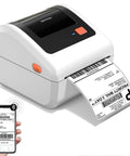 Super Slick Wireless Bluetooth Label Printer With Compact White Build and No Sweat Pairing printing a label from a smartphone.