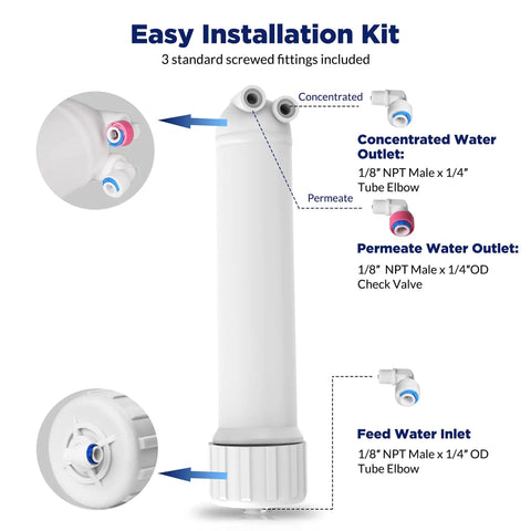 DIY 150 GPD Reverse Osmosis Membrane Kit with 12-inch membrane housing, fittings, for under sink water filter system, easy install