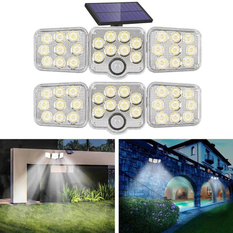 Two Pack Solar Motion Lights Outdoor With Remote Control, Lit Solar Flood Lights illuminating porch and garden at night