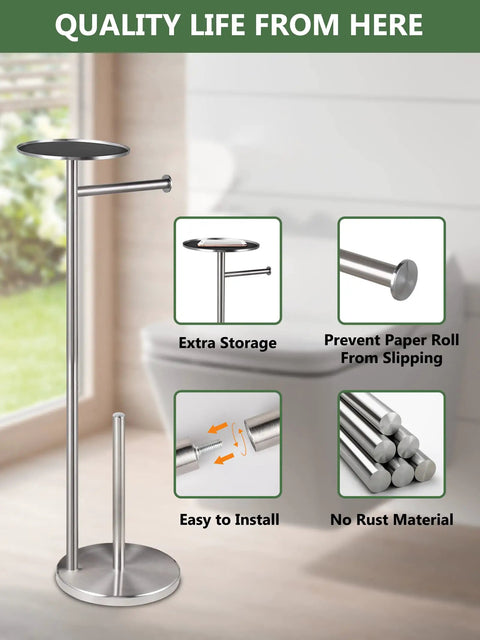 Freestanding Toilet Paper Holder With Storage In Brushed Nickel Stainless Steel Stand For Bathroom Fits 4 Rolls, shown with features and benefits such as extra storage and no rust material.