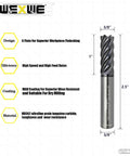 Carbide End Mill Six Flute 3/8 Inch Shank for precision machining of alloy steel, cast iron, and hardened steel, front view.
