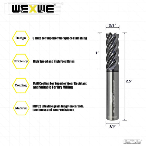 Carbide End Mill Six Flute 3/8 Inch Shank for precision machining of alloy steel, cast iron, and hardened steel, front view.
