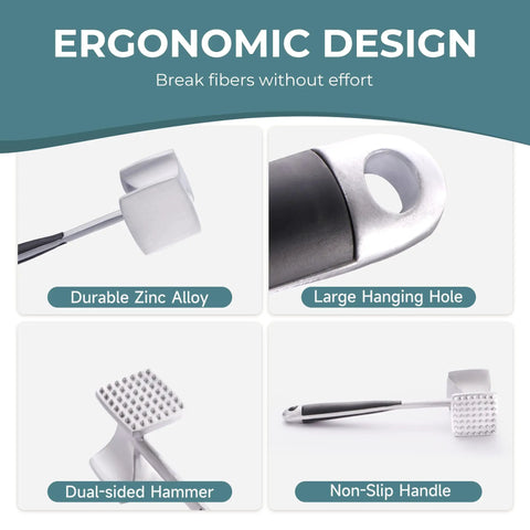 Meat Tenderizer Hammer With Comfortable Grip Handle Dual Sided Mallet, zinc alloy, ergonomic design, non-slip handle, hanging hole