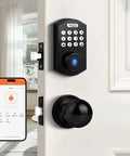 Smart Fingerprint Door Lock With Knob Set For Front Door No Fuss 4 In 1 Keyless Entry Deadbolt Fingerprint Passcode App Control Auto Lock Electronic Door Knob With Smart Keypad Easy Install Black installed on a white door with smartphone app interface.